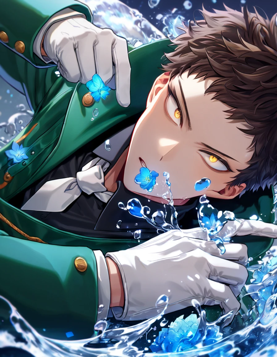absurdres, highres, ultra detailed, HDR, master piece, Overhaul, dark brown hair, short hair, short bangs, expressive golden eyes, long lashes, Boku No Hero Academia, man, solo, handsome, best quality, blue moon, blue flowers, fantasy, magical, water, blue shining fireflies, blue petals, black shirt, white necktie, white gloves, green coat with fur