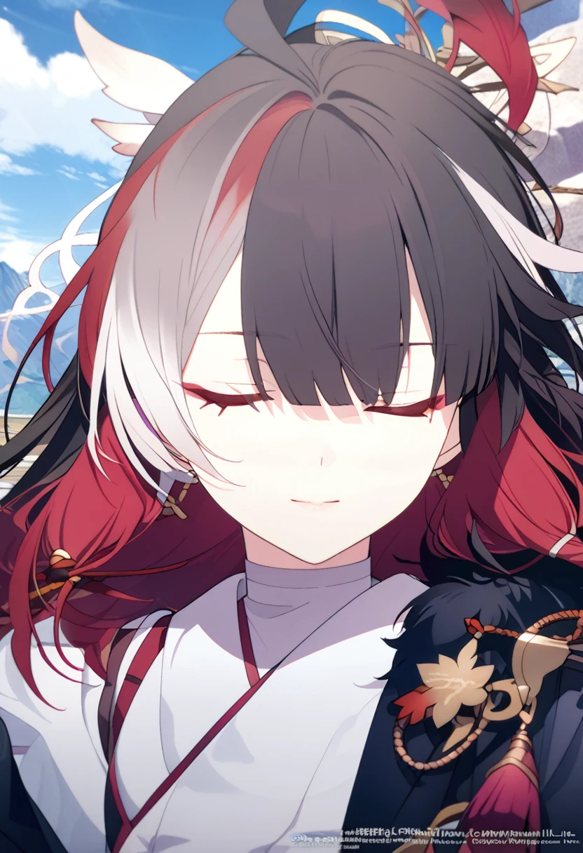 (Masterpiece, Superior quality, Best Quality, Official Art, beautiful and aesthetic:1.2),(8k, Best Quality, Masterpiece:1.2), (((Masterpiece))),(((Best Quality))),(((extremely detailed))),illustration, OMS, (Masterpiece, Superior quality, Best Quality, Official Art, beautiful and aesthetic:1.2),(8k, Best Quality, Masterpiece:1.2), (Masterpiece, Best Quality:1.3), Columbina, closed eyes, multicolor fur, hair ornament, 1 girl, Alone, multicolor fur, colored inner hair, old, black fur, two tone hair, hair ornament, very long hair, tassel, looking at the viewer, gloves, long sleeves, black fur y rojo, Upper part of the body, tassel earrings, large old, jewelry, sky, Kaedehara Kazuha, 1 chico, red eyes, white hair with a red streak, a braid, dressed in a suit, Couple, boy and girl, caminando bajo el sky