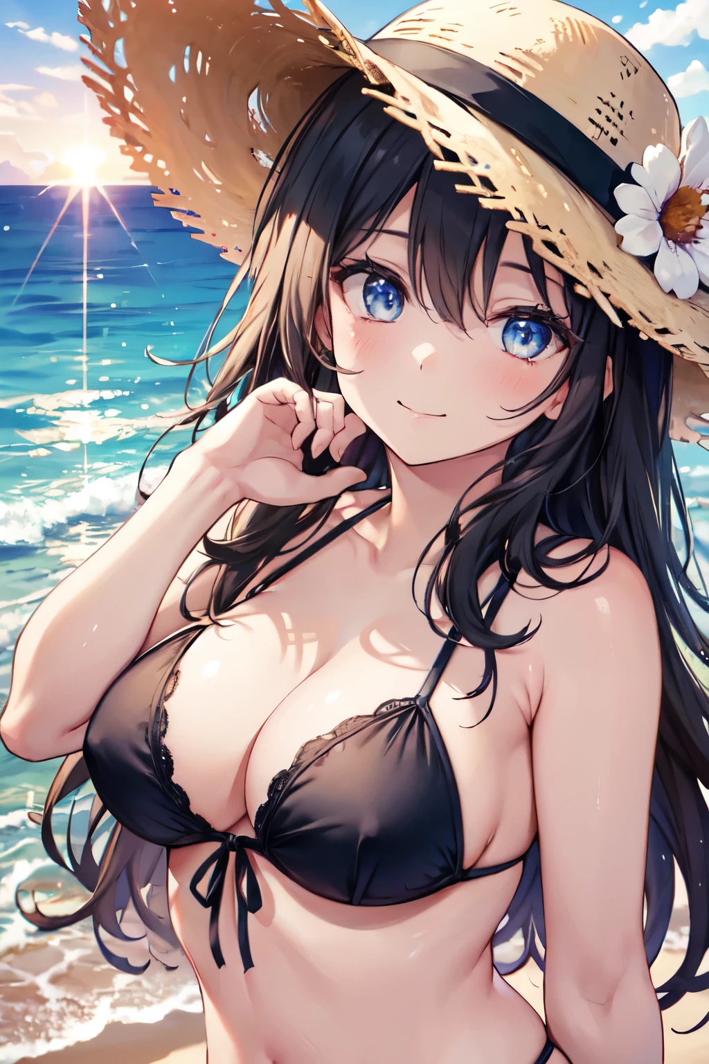 One Girl, long tied brunette hair, smile, blue eyes, Wink, View your audience, Wear a bikini, flower straw hat, (Beach), (sunset), evening, masterpiece, 8K, Perfect lighting, Perfect outfit, Perfect Anatomy, Perfect Eyes, Perfect Face, Sharp resolution, (Face close-up)