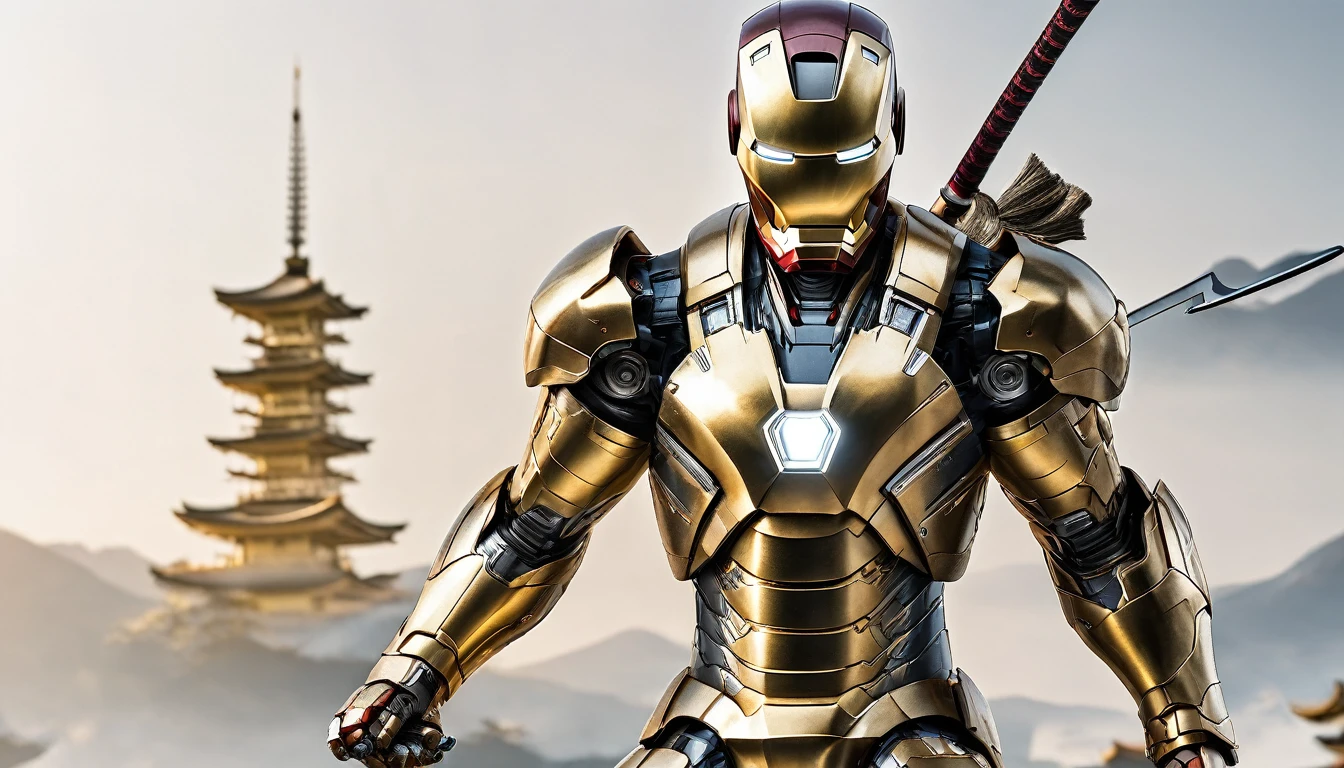 A highly detailed, photorealistic image of an Iron Man figure with a white and gold color scheme, holding a Katana sword, set in a Japanese-inspired setting with a ronin theme, on a plain white background, masterfully rendered in 4K ultra-high resolution.
