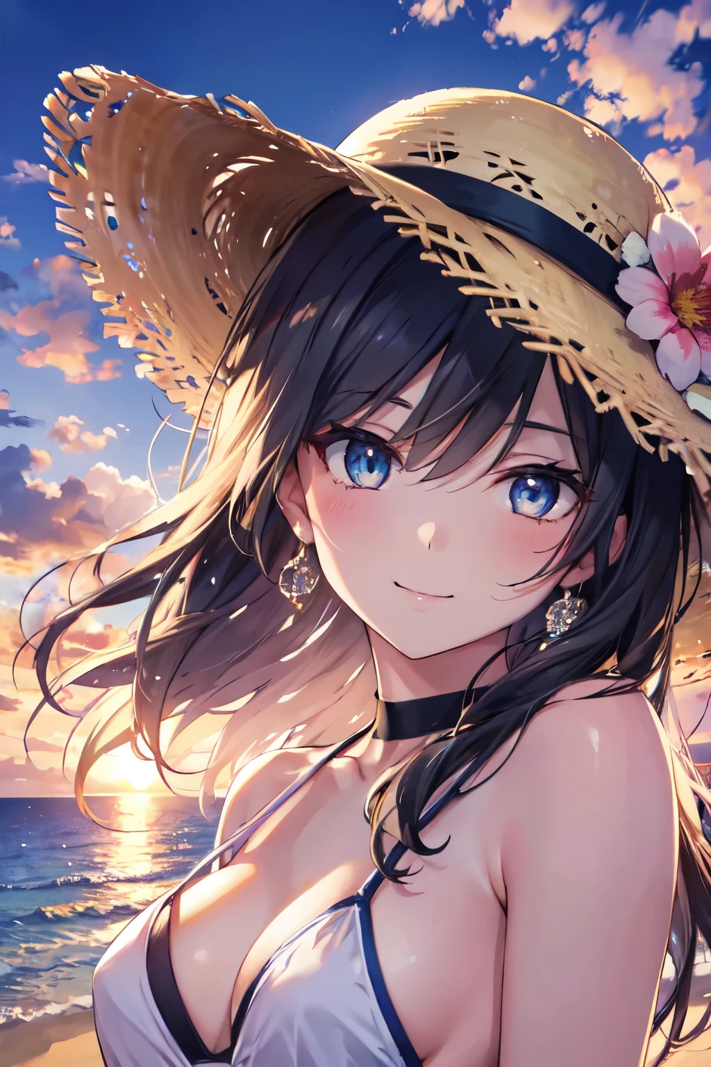 One Girl, long tied brunette hair, smile, blue eyes, Wink, View your audience, Wear a bikini, flower straw hat, (Beach), (sunset), evening, masterpiece, 8K, Perfect lighting, Perfect outfit, Perfect Anatomy, Perfect Eyes, Perfect Face, Sharp resolution, (Face close-up)