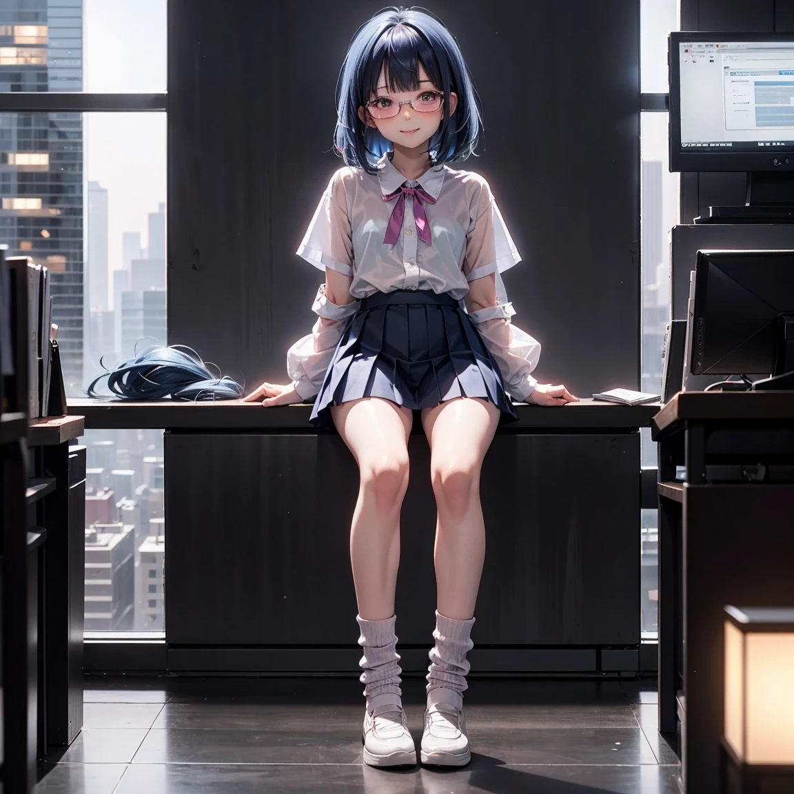 One woman（10 years old）、Short、Young face、smile、Long, blue hair、Thin glasses、White clothes、See-through shirt、ribbon、Short pleated skirt、Pink underwear、loose socks、Inside a skyscraper office at night、Spread your legs、Thin and lean legs、both hands tied and restrained