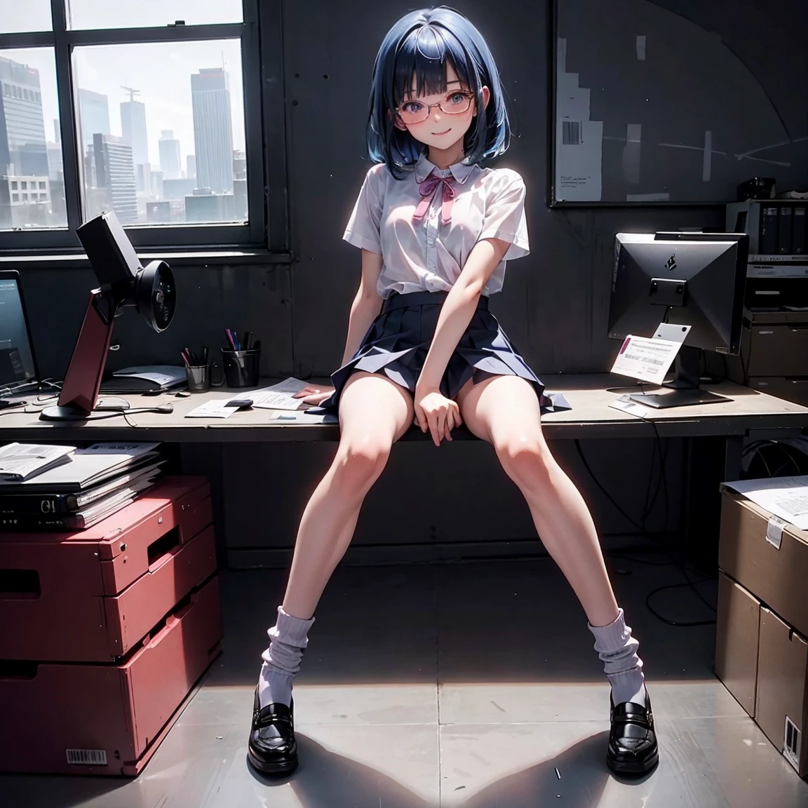 One woman（10 years old）、Short、Young face、smile、Long, blue hair、Thin glasses、White clothes、See-through shirt、ribbon、Short pleated skirt、Pink underwear、loose socks、Inside a skyscraper office at night、Spread your legs、Thin and lean legs、both hands tied and restrained