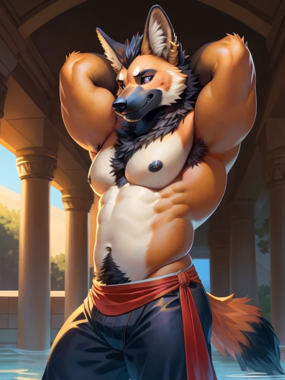 solo, anthro, furry, furry male, maned wolf,((short fur,furry, smooth fur, opaque fur)), (maned wolf black print, black forelegs and forearms), black pupils, white sclera, ginger body, black fur, purple eye, tail, detailed fur, detailed face, detailed eyes, bare chest, (bedlah clothes), ancient temple, (by null-ghost,by raccoon21, masterpiece, high quality, hi-res, 8k, hd, half-light), standing,close-view portrait, looking at viewer, night, indoors, gentle expression, seductive, flexing, hands behind head, swimmer build maned wolf man, black nipples, pierced nipples, mid 20s, arrogant, grinning