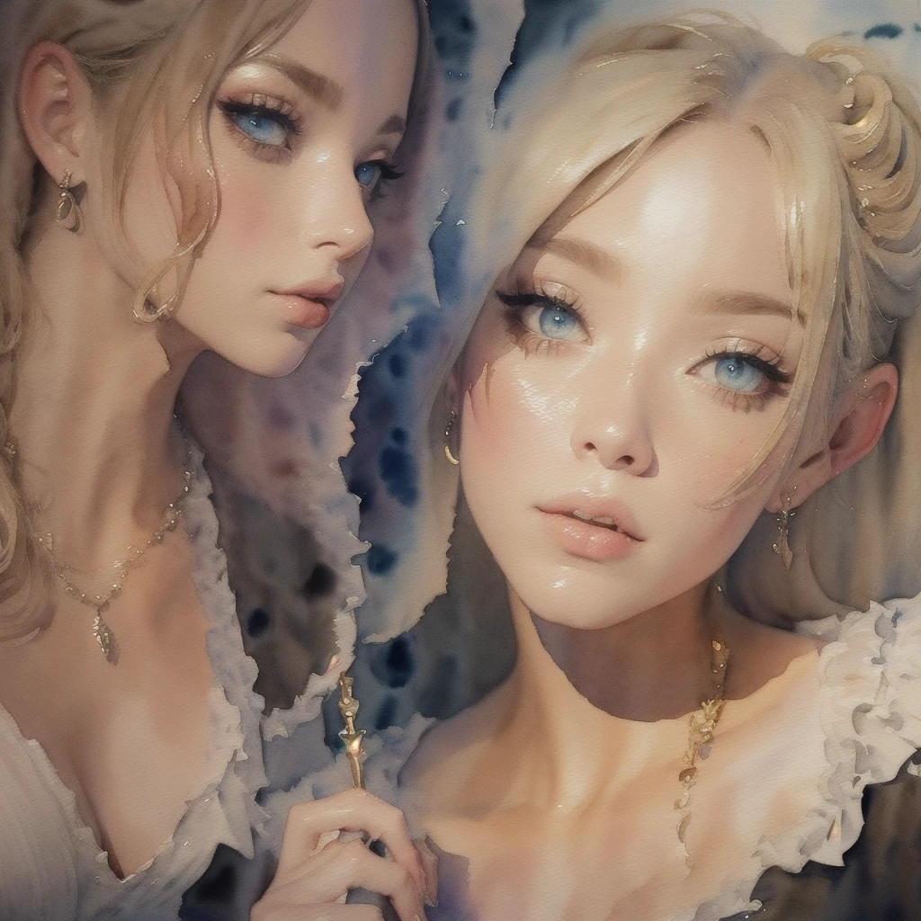 2girls,pov, women, seductive stare, ((((linked collar, collar linked together by a chain, collars linked by chain, linked together with chain)))), ((18 yo, detailed face, feminine skin)) , fit , (young) , beautiful , (((pale skin, wavy blonde hair))), dreamy, loving stare, bright magical fairytale fantasy atmosphere, sexy, flowers in hair, surrounded by flowers, happy, playful, ((big soft heavy breasts, busty cleavage, maid, huge tits)), in love, magical mist energy, hair flower, blush, pretty, elegant, cute, youthful, teen, teenager, choker, collar, ((huge hanging boobs)), (((Baroque court dress, fantasy, aesthetic of softness and gentleness and innocence and fertility, ruby necklace)))
