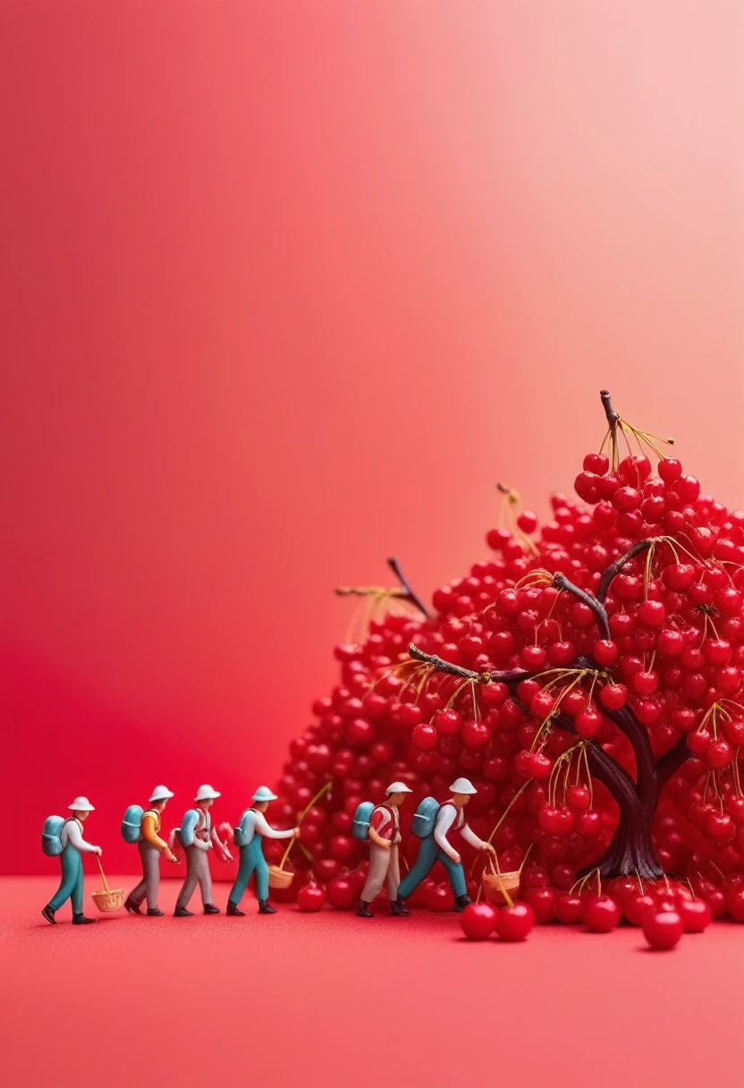 miniature food photography, A group of picking workers, hiking among giant cherry, red background, soft color blending,in a surreal photography style, bright studio light, minimalist
