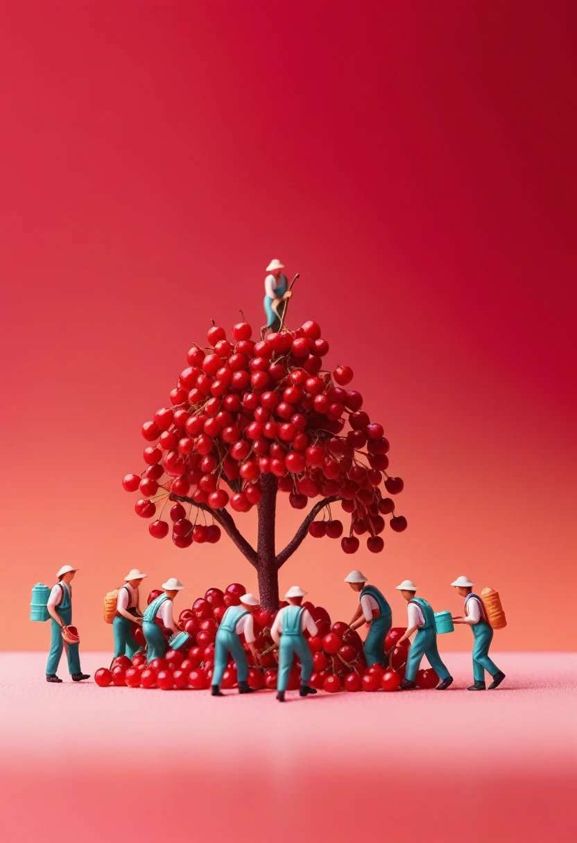 miniature food photography, A group of picking workers, hiking among giant cherry, red background, soft color blending,in a surreal photography style, bright studio light, minimalist
