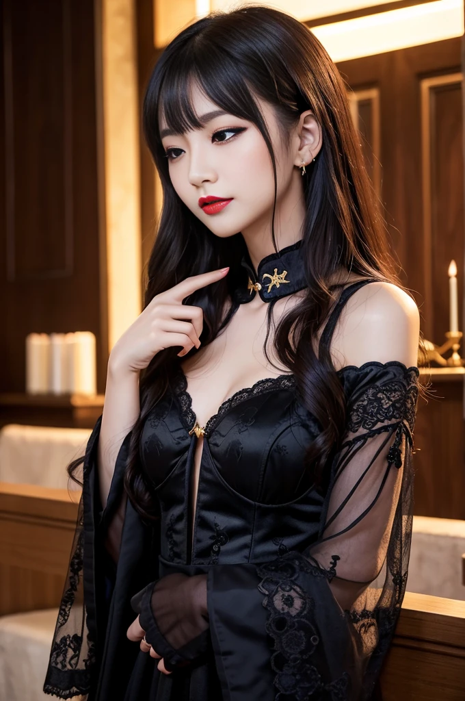 tra-detailed、Japanese、attractive beauty、seductive adult woman、pretty woman、piercing eyes、cool girl、wavy hair、swept bangs、Long Black and Gold Cheongsam、wide sleeves、Evil cadres、evil depravity、brainwash、mind control、lipstick、lip gloss、dark makeup、smirk、whisper in your ear、Evil expression、evil、hollow eyes,half-closed eyes、empty eyes、evil、church at night、vampire、succubus、vampire、Swear allegiance、sexy pose、hair ornaments、