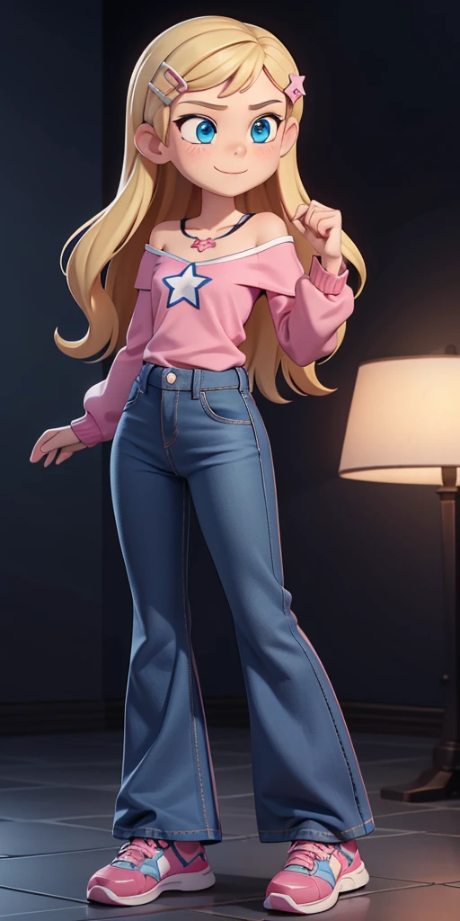 score_9, source_cartoon, 1girl, solo, Kelly Marra, looking very happy, looking very cute, long hair, blonde hair, cute blue eyes, hair ornament, hairclip, white star (symbol) in the middle of the shirt, flare baggy blue pants(Wide flares on pants:1.2), pink sketchers shoes, Pink off shoulder t-shirt with white long sleeves,
