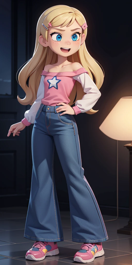 score_9, source_cartoon, 1girl, solo, Kelly Marra, looking very happy, looking very cute, long hair, blonde hair, cute blue eyes, hair ornament, hairclip, white star (symbol) in the middle of the shirt, flare baggy blue pants(Wide flares on pants:1.2), pink sketchers shoes, Pink off shoulder t-shirt with white long sleeves,
