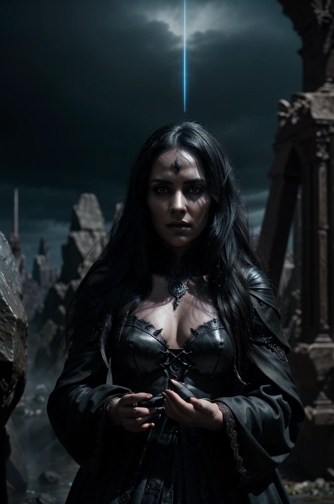 detailed fantasy dark sorceress, black magic, dark powers, mystical glowing energy, dramatic lighting, moody atmosphere, muted color palette, deep shadows, cinematic composition, intricate costume design, detailed facial features, piercing eyes, long black hair, powerful magical gestures, otherworldly landscape, floating rocks, ominous clouds, epic scale, best quality, 8k, high resolution, photorealistic, cinematic lighting, moody color grading, dramatic shadows