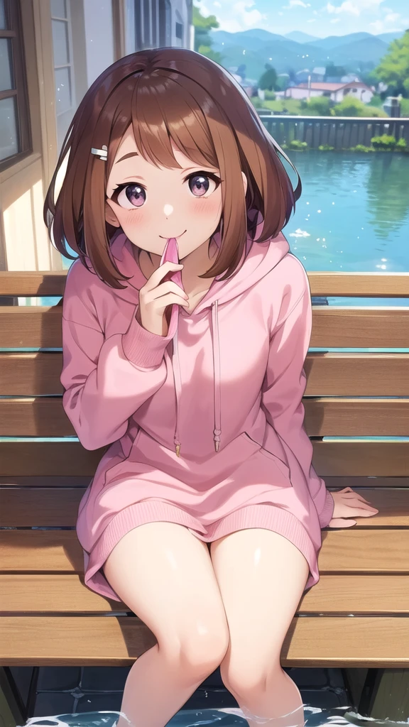 nsfw、2D, masterpiece, Highest quality, anime, intricate iris, anime style, Highly detailed face, Beautiful Face, (Fine grain, Deep Eyes),
(Sitting on a bench ),
(View your viewers, (Captivating smile, Mouth closed, In the heat), close, Face Focus, ),
Beautiful Lips, Fuller lips,
(mall, Spraying water inside the house),
(Medium chest:1.2, ) ,
(Uraraka_Ochako,, Parker lift、Pink hoodie, Side Lock, shirt),
