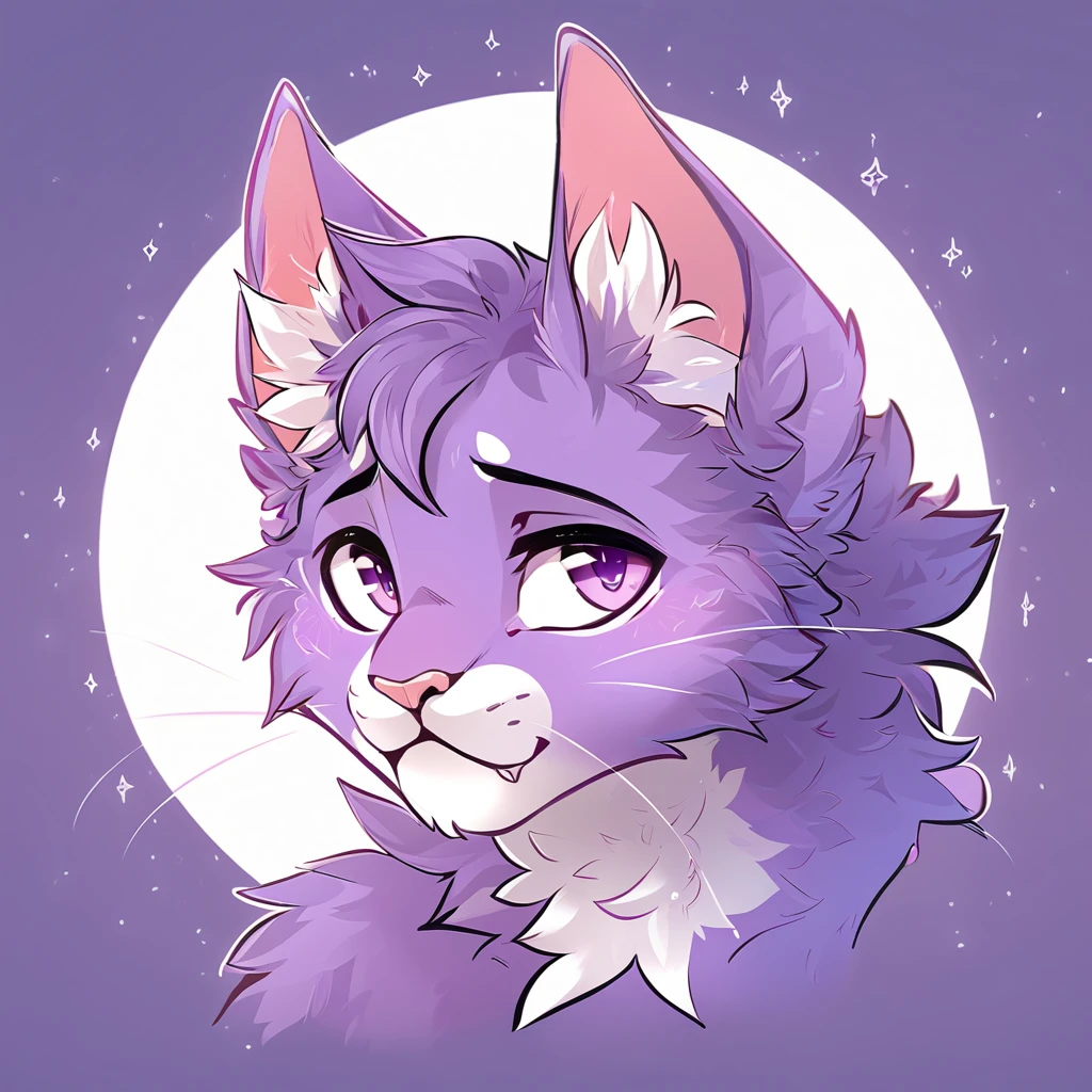 adult, feline, mammal, anthro, anthropomorphic, cat, striped, fur, striped_feline, fur, male, light_purple_fur, purple_hair, fluffy, white_chest, shy, small_pupils, digital_art, high_resolution, high_res, detailed, hand-drawn, pencil_lines, head_visible, background, neck_visible, seductive_face, detailed_line_work, profile_picture, head_visible, neptune_background, purple_background, cute, white, posing, finger_paws, dream_pose, headshot, head_only, small_pupils, seductive_face, tufts, paws, chest, glossy_fur, vibrant_colors, expressive_eyes, elegant_pose, high_quality
