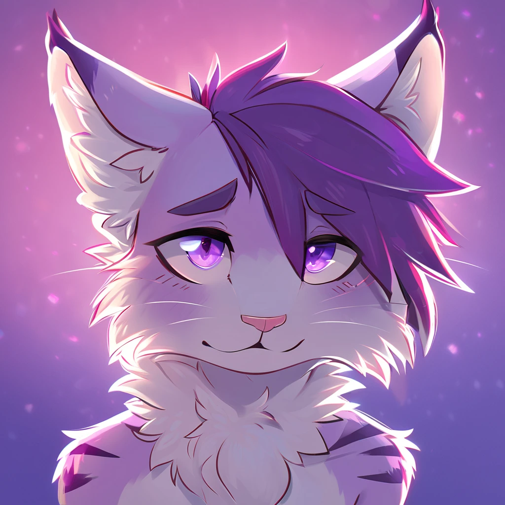 adult, feline, mammal, anthro, anthropomorphic, cat, striped, fur, striped_feline, fur, male, light_purple_fur, purple_hair, fluffy, white_chest, shy, small_pupils, digital_art, high_resolution, high_res, detailed, hand-drawn, pencil_lines, head_visible, background, neck_visible, seductive_face, detailed_line_work, profile_picture, head_visible, neptune_background, purple_background, cute, white, posing, finger_paws, dream_pose, headshot, head_only, small_pupils, seductive_face, tufts, paws, chest, glossy_fur, vibrant_colors, expressive_eyes, elegant_pose, high_quality
