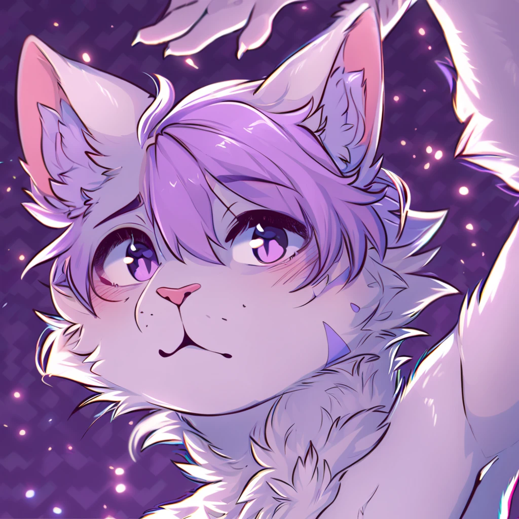 adult, feline, mammal, anthro, anthropomorphic, cat, striped, fur, striped_feline, fur, male, light_purple_fur, purple_hair, fluffy, white_chest, shy, small_pupils, digital_art, high_resolution, high_res, detailed, hand-drawn, pencil_lines, head_visible, background, neck_visible, seductive_face, detailed_line_work, profile_picture, head_visible, neptune_background, purple_background, cute, white, posing, finger_paws, dream_pose, headshot, head_only, small_pupils, seductive_face, tufts, paws, chest, glossy_fur, vibrant_colors, expressive_eyes, elegant_pose, high_quality