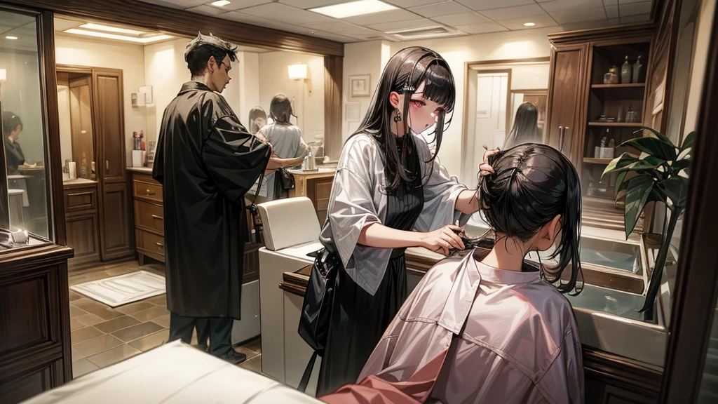 The place is a beauty salon. The owner is scolding a subordinate with a neutral atmosphere. The entire beauty parlor is shown.