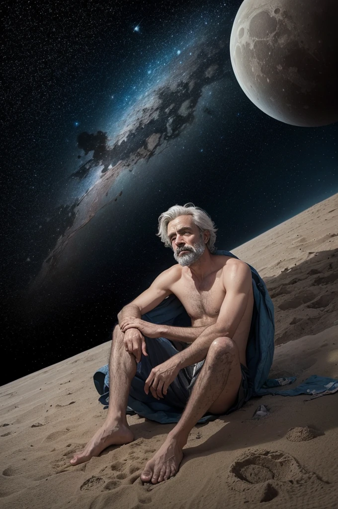 Create an image of a barefoot and dirty poor man sitting on the moon in space looking at the bright constellations