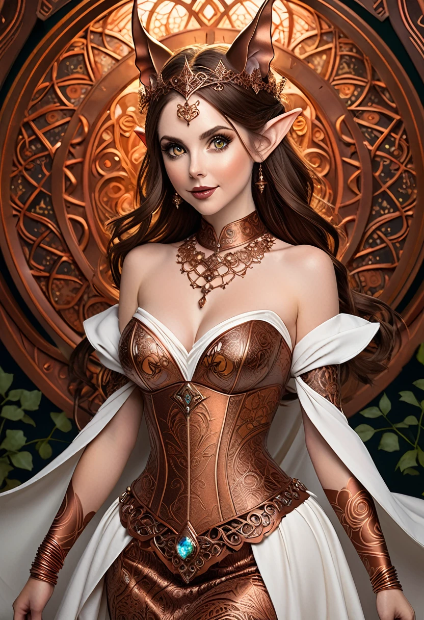 Steampunk inspired goblin princess. copper wire necklaces and bangles. Crown of fine copper wire. copper coloured tatoos cover her face and body intricate and beautiful designs. LArge bat ears. Hands on hips. Ember colored eyes adorned with intricate copper wireing. a pure white dress, hemmed with copper, covered in copper lace and filligree. silver designs cover the skirt in a kaleidoscope of intricate copper designs. Background is magical verdant forrest. Her visage is a mesmerizing blend of Arieal Winter Alison Brie, creating a unique, symmetrical face that exudes elegance and grace. copper colores face tattoos. Copper colored arms, and chest tatoos. Cozy, romantic lighting. Cheerful smile. Copper hair that shimmers and sparkles in the lights. Hourglass figure. copper lips. dark copper eye shadow. Slim waist and wide hips.
