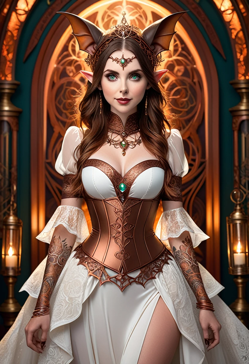 Steampunk inspired goblin princess. copper wire necklaces and bangles. Crown of fine copper wire. copper coloured tatoos cover her face and body intricate and beautiful designs. LArge bat ears. Hands on hips. Ember colored eyes adorned with intricate copper wireing. a pure white dress, hemmed with copper, covered in copper lace and filligree. silver designs cover the skirt in a kaleidoscope of intricate copper designs. Background is magical verdant forrest. Her visage is a mesmerizing blend of Arieal Winter Alison Brie, creating a unique, symmetrical face that exudes elegance and grace. copper colores face tattoos. Copper colored arms, and chest tatoos. Cozy, romantic lighting. Cheerful smile. Copper hair that shimmers and sparkles in the lights. Hourglass figure. copper lips. dark copper eye shadow. Slim waist and wide hips.