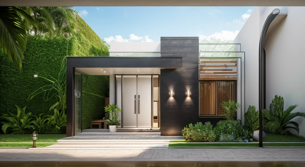 Surreal, raw photos, best quality, surreal, masterpiece, best quality interface, hd photography, dslr, tcs, httlvn. Best quality, hyper realistic, hyper detail, 8k Render, maximum quality. Wide-angle photo shows the front of a modern one-story villa with white walls and glass windows, surrounded by lush greenery. This place welcomes natural light. Stone paths lead to the courtyard, decorated with vibrant tropical plants. 
