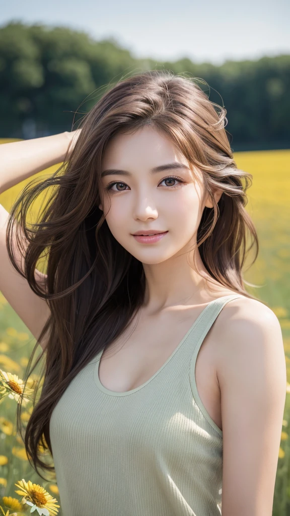 highest quality、genuine、Super detailed、finely、High resolution、8k wallpaper、one beautiful woman、、、light brown disheveled hair、wearing a tank top、sharp focus、perfect dynamic composition、beautiful and detailed eyes、thin hair、Detailed genuine skin texture、smile、model body shape、In a windswept meadow