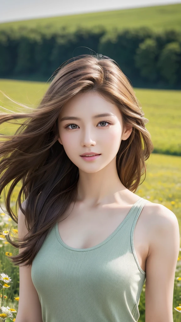 highest quality、genuine、Super detailed、finely、High resolution、8k wallpaper、one beautiful woman、、、light brown disheveled hair、wearing a tank top、sharp focus、perfect dynamic composition、beautiful and detailed eyes、thin hair、Detailed genuine skin texture、smile、model body shape、In a windswept meadow