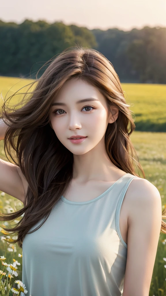 highest quality、genuine、Super detailed、finely、High resolution、8k wallpaper、one beautiful woman、、、light brown disheveled hair、wearing a tank top、sharp focus、perfect dynamic composition、beautiful and detailed eyes、thin hair、Detailed genuine skin texture、smile、model body shape、In a windswept meadow