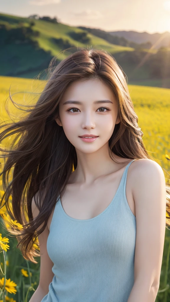 highest quality、genuine、Super detailed、finely、High resolution、8k wallpaper、one beautiful woman、、、light brown disheveled hair、wearing a tank top、sharp focus、perfect dynamic composition、beautiful and detailed eyes、thin hair、Detailed genuine skin texture、smile、model body shape、In a windswept meadow