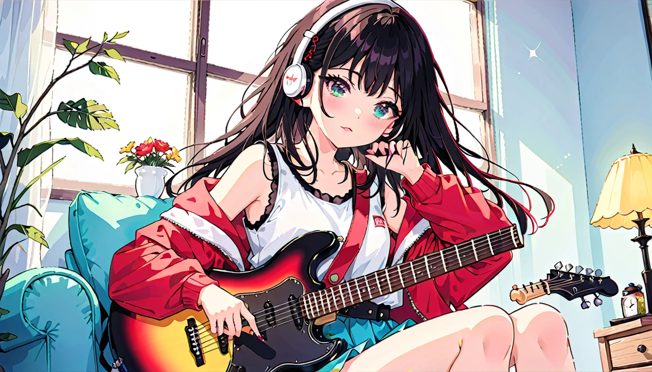 (absurdes:1.1, High resolution:1.1, Super detailed:1.1), Very detailed, Super detailed hair, (Fine grain:1.4), (Shining Eyes:1.3), thin,Close one eye, cute, Perfectly symmetrical face, narr○w waist, 超cute girl, 超cute face, 超cute, Super beautiful, Beautiful colors, Merry (Yanmar gauge),From wlop,((Great quality)), (Beautiful legs), Sitting, smartphone, Upper body rest (Beautiful colors,detailed,Highest quality,Great quality,so beautiful), guitar, Headphones, Jacket, Tank top, Chair, Lighting and Shadows(perspective), Lighting particles, colorful, masterpiece, Stylish room,