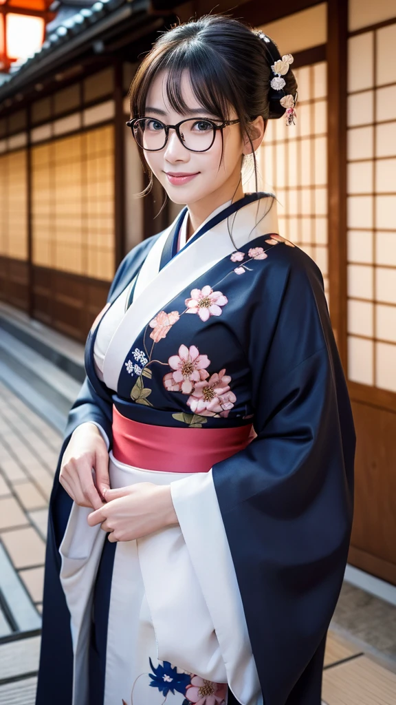 (Super beautiful woman in kimono)、((highest quality、8K masterpiece:1.3))、sharp focus:1.2、(super beautiful face:1.0)、(shiny skin:1.0)、realistic pictures、black hair、video lighting、High resolution eyes and face、video lighting、japanese actress、from the front、big breasts、with a happy smile、Slender abs beauty、whole body、wearing a kimono、in Kyoto、(((luxury obi)))、In Kyoto at night、wearing glasses with no edge、with a fan