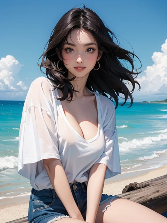 (Highest quality、masterpiece、High resolution、8K)、Vibrant colors、Young and beautiful woman 1、whole body、Brown and black short bob、barefoot、(Detailed face、Beautiful Eyes、Beautiful nose、Pretty lips)、Beautiful cleavage、A woman wearing a white T-shirt and shorts、Ride along the sandy beach、Surprised Smile、Official Art、The background is the sea、blue sky、White waves and wide sandy beach、Wide forest、White Entrance Cloud、