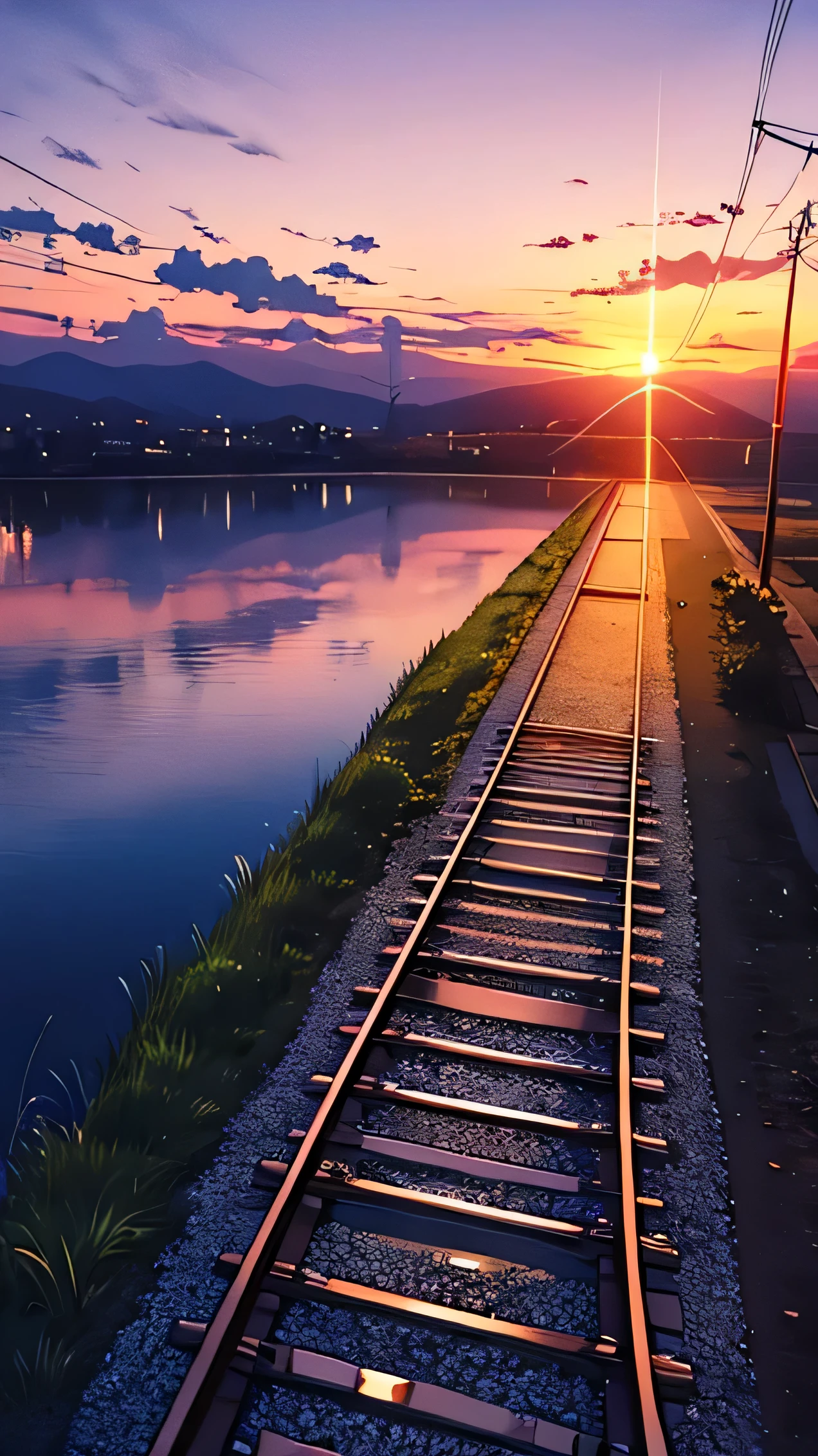 Railway tracks with electric poles, Sunset with small clouds, Lake on the right, Makoto Shinkai's painting of the sky, Pixiv , A lofi based theme like Drawing