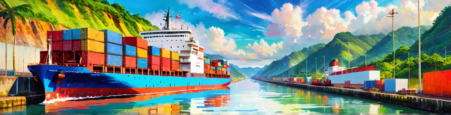 Panama Canal, paint, double exposure, (textura de paint:1.2), (Masterpiece:1.2), Best Quality, (hyperdetailed, more detailed:1.2), high resolution textures, beautiful landscape, Very detailed, very clear, (Panama Canal), vivid colors, HD, multicolor style, barco de buques pasando el Panama Canal