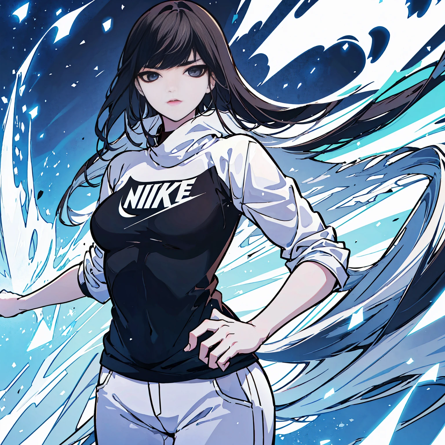 Cool and hot girl, tight body, black hair, dark brown eyes, cyan and white Nike style sports shirt, sports watch, white pants, warm and cool, ice effects, snow, snowing, ice flakes, obra de arte, alta definição, HD