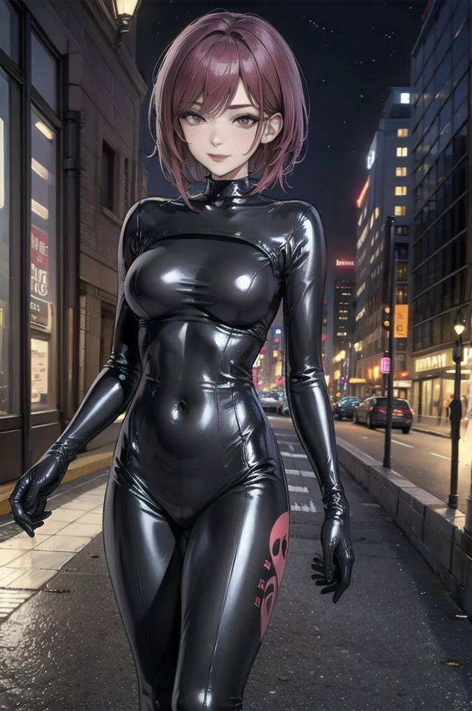 Masterpiece, Beautiful art, professional artist, 8k, shy expression, very detailed face,1 girl, View from the front, standing, walking down the street, BIG BREASTS, perfectly drawn body, pale skin, seductive expression, loving smile, beautiful face, long dark crimson hair, 4k eyes, very detailed eyes, pink cheeks, (shiny black tight bodysuit), Sensual Lips, show details in the eyes, City, at night