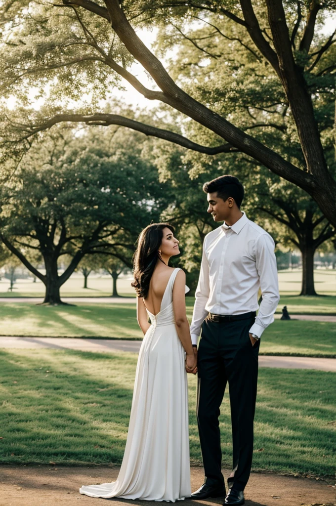 An elegant girl and a poor boy in a park