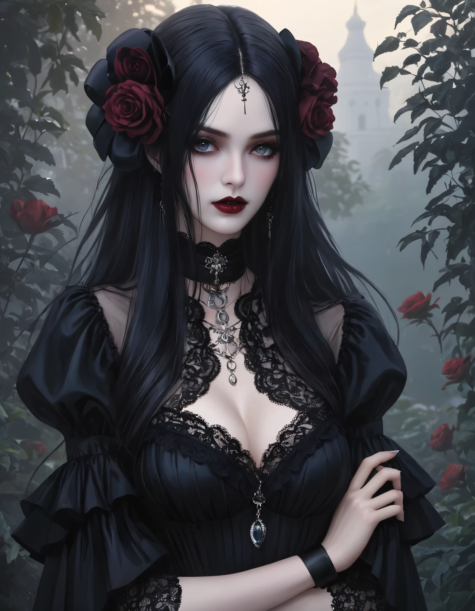 (masterpiece:1.2), (highest quality:1.2), Perfect Eyes, Perfect Face, Perfect lighting, One girl, Mature goth girl woman standing with hands out in front of her, Long Hair, Complicated hairstyle, compensate, Black Lips, Thick eyelashes, sad, melancholy, Dressed as a goth girl, Black and white dress, Frills, ribbon, Puffy sleeves, Exposing shoulders, Lace choker, jewelry, peaceful, quiet, Chill, Detailed outdoor background, Beautiful Landscape, Fantasy, summer, sunny, Sunburned, Flowers, wood
