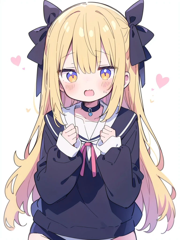 School_swimsuit, Sukumizu, 1girl, blond hair, hair ribbon, cute, kawaii, (blush), open mouth, simple background, (white background), (dynamic angle:0.6)