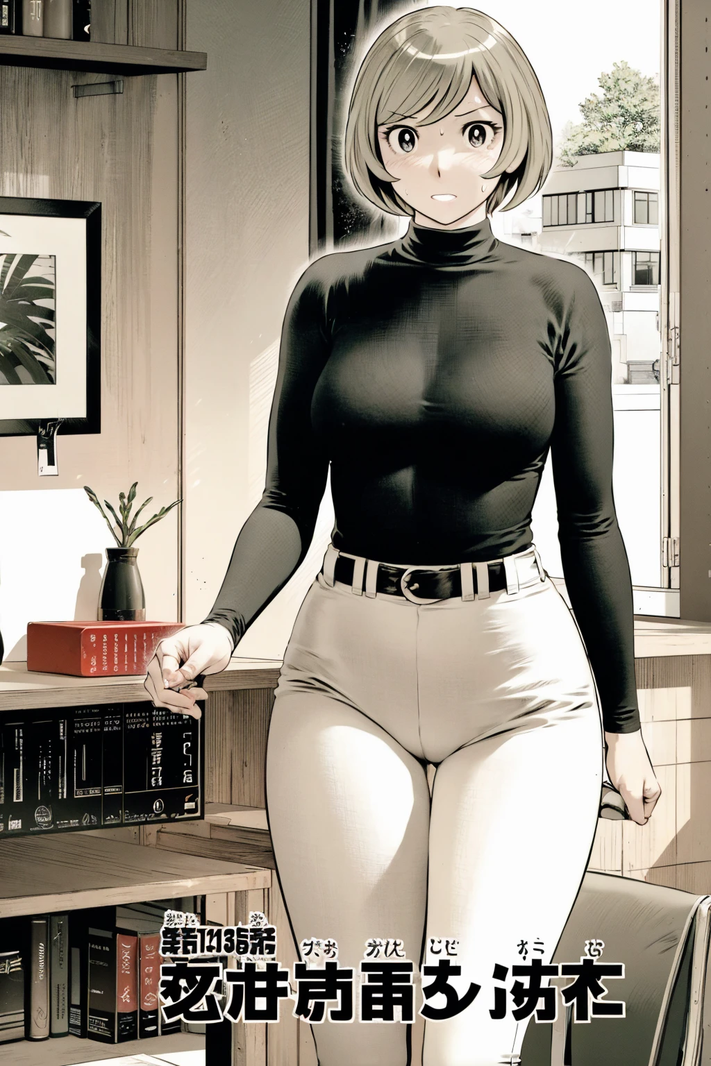 、(masterpiece、Highest quality)、Highest quality, Ultra-high resolution, (((masterpiece))), alone, Sweat、Big eyes,Tight black shirt、Tight white pants、belt、indoor、Composition from the front、（後ろCut your hair short、short hair、blonde、woman）、Shortcuts、Embarrassed face、Cut your hair short、可愛いwomanの子、Big Breasts、office