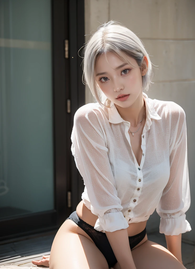 silk transparency，high score hair、individual，34 years old， A young man with silver hair biting his lip，Sitting position，towards the camera，Sitting position双抬腿）(camel toe)，(no)，(didn&#39;t bring it)，Sitting position，crotch top，fascinating，high heel， long legs, Strong leg muscles，