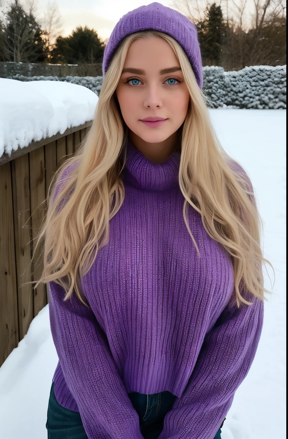 Instagram profile photo, super realistic woman, with a large pronounced bust, green eyes, long blonde hair, wears a PURPLE sweater, in the snow, you can see her big nipples, great cleavage, PURPLE sweater, IN THE SNOW, daylight, SITTING IN THE SNOW, huge breasts