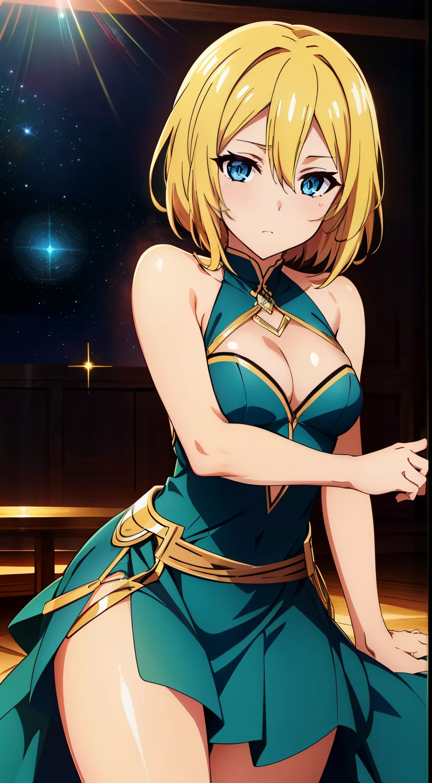 hayasaka,blonde hair, blue eyes, 1 girl,alone, hair between eyes, sparkly dress, shiny dress,
beautiful Finger,beautiful long legs,Beautiful body,beautiful character design, perfect eyes, Perfect face,expressive eyes, looking at the viewer, Appear on knees,sexy pose,in the center of the image, official art,High Definition CG Unity, Perfect lit, bright_front_face_lit, (table top:1.0),(Highest_quality:1.0),4K,Super detailed, photograph, 8K, nffsw, High resolution, absurdes:1.2, kodak portrait 400, film grain, Lens flare, (lively_Farbe:1.2) (beautiful,medium breasts:1.4), (beautiful_face:1.3),(narrow_waist),
