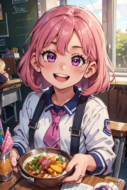 One girl. Perfect face. Perfect hands. A pink haired girl with violet eyes wearing a navy uniform is eating lunch at a school desk with a big smile
