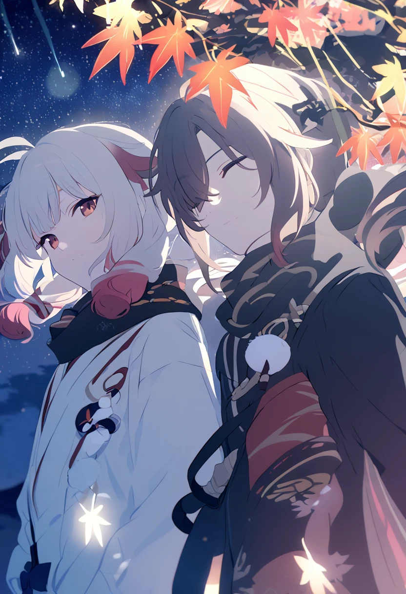 Man and woman couple, walking under the stars, at night, very close, Columbina, Kaedehara Kazuha,