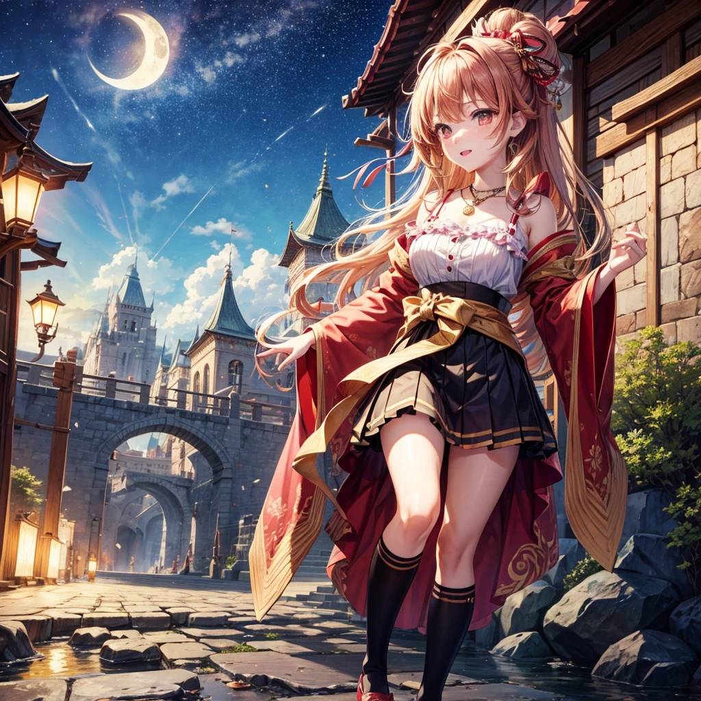 Pink, red, brown, gold, gold hair、Red gold eyes、Hair tied up、One good looking girl、solo、anime、Checkered mini skirt、Ruffles on the skirt、Checked dress、blouse、Kimono、Black knee-high socks、Ribbon、Ribbon on waist、Teeth are visible、Sparkly Necklace、From above、Cobblestones、waterfall、Starry Sky、Midnight Moon、suspension bridge、beam、Standing still、Edo、Confetti、Kicking、Arranging stones、Uphill、An old castle built on a rocky mountain、The scenery is reflected on the water