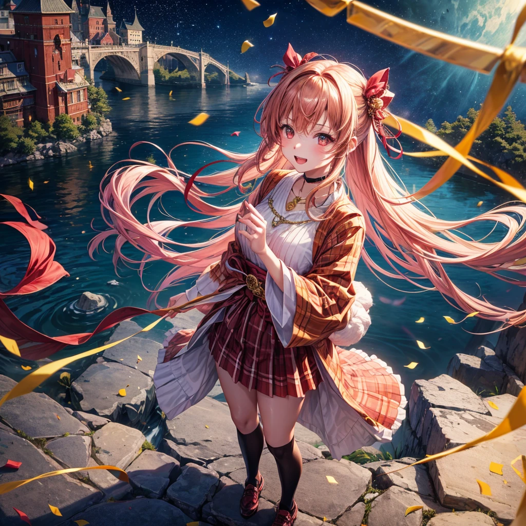 Pink, red, brown, gold, gold hair、Red gold eyes、Hair tied up、One good looking girl、solo、anime、Checkered mini skirt、Ruffles on the skirt、Checked dress、blouse、Kimono、Black knee-high socks、Ribbon、Ribbon on waist、Teeth are visible、Sparkly Necklace、From above、Cobblestones、waterfall、Starry Sky、Midnight Moon、suspension bridge、beam、Standing still、Edo、Confetti、Kicking、Arranging stones、Uphill、An old castle built on a rocky mountain、The scenery is reflected on the water