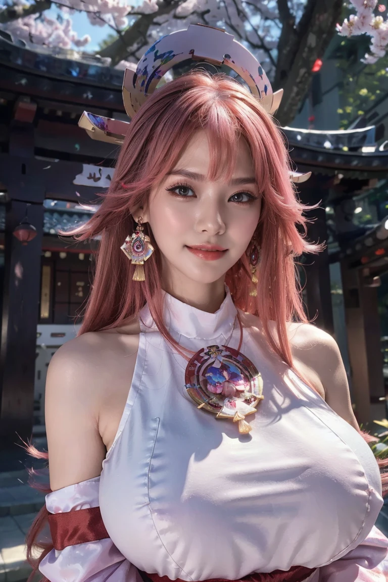 kpop idol, yae miko, detached sleeves, bare shoulders, pink hair, long hair, japanese clothes, best quality, (painting:1.5), (hair ornament:1.35), jewelry, purple eyes, earrings, (very huge round breasts, big breasts: 1.3), torii, cherry blossoms, lantern light, depth of field face focus, ribbon_trim, (looking at viewer:1.25), nontraditional miko, shiny skin, long sleeves, smile, thick lips, hands on lips, east asian architecture, (blurry background:1.2), sitting, upper body,((ultra high res, 8k, RAW photo, best quality, masterpiece:1.47746,realistic:1.4, photo-realistic:1.4,cinematic lighting:1,intricate details:1,raw photo:1))(((ultra-detailed:1.47746))),professional lighting,((physically-based rendering:1)), ((ruddy skin:1,sweat))lens flare,ray tracing ,(extremely detailed face, beautiful detailed eyes,expressive hair:1.5,shiny hair;1)cinematic lighting,(vivid expression) (body muscle:1) solo(1girl:1.5)((smiling:1),(plump figure:1,blance body:1)(realistic hand,realistic clothes)