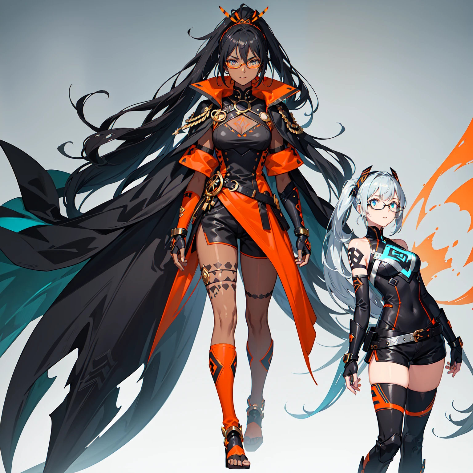 (((One character))), Female, (((Dark Skin)))), Black Hair with Ponytail, Light Blue Eyes, Round Glasses with a Little Dark Lens with this Lens being Orange, and the Light Blue Color frame, (((Black Metallic Gauntlets and Greaves with Orange and Silver Highlights)), (((The Clothes Have a Mix of Modern and Tribal)))), Having Mostly Black Color,  but having Orange Parts, Shoulders on Display, On the Hip a Shorts extending to Half of the Thigh of black color.