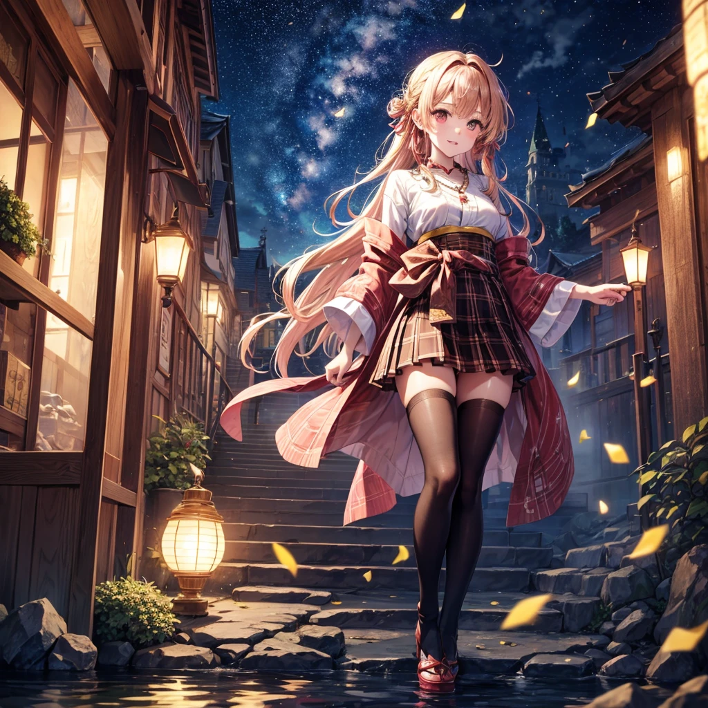 Pink, red, brown, gold, gold hair、Red gold eyes、Hair tied up、One good looking girl、solo、anime、Checkered mini skirt、Ruffles on the skirt、Checked dress、blouse、Kimono、Black knee-high socks、Ribbon、Ribbon on waist、Teeth are visible、Sparkly Necklace、From above、Cobblestones、waterfall、Starry Sky、Midnight Moon、suspension bridge、beam、Standing still、Edo、Confetti、Kicking、Arranging stones、Uphill、An old castle built on a rocky mountain、The scenery is reflected on the water