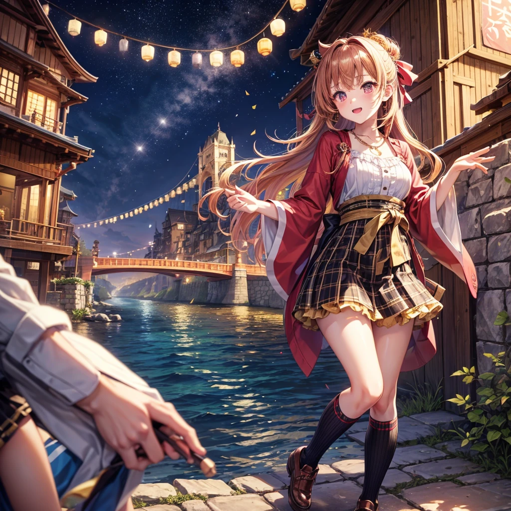 Pink, red, brown, gold, gold hair、Red gold eyes、Hair tied up、One good looking girl、solo、anime、Checkered mini skirt、Ruffles on the skirt、Checked dress、blouse、Kimono、Black knee-high socks、Ribbon、Ribbon on waist、Teeth are visible、Sparkly Necklace、From above、Cobblestones、waterfall、Starry Sky、Midnight Moon、suspension bridge、beam、Standing still、Edo、Confetti、Kicking、Arranging stones、Uphill、An old castle built on a rocky mountain、The scenery is reflected on the water